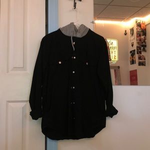 H&M grey hooded black faux denim jacket